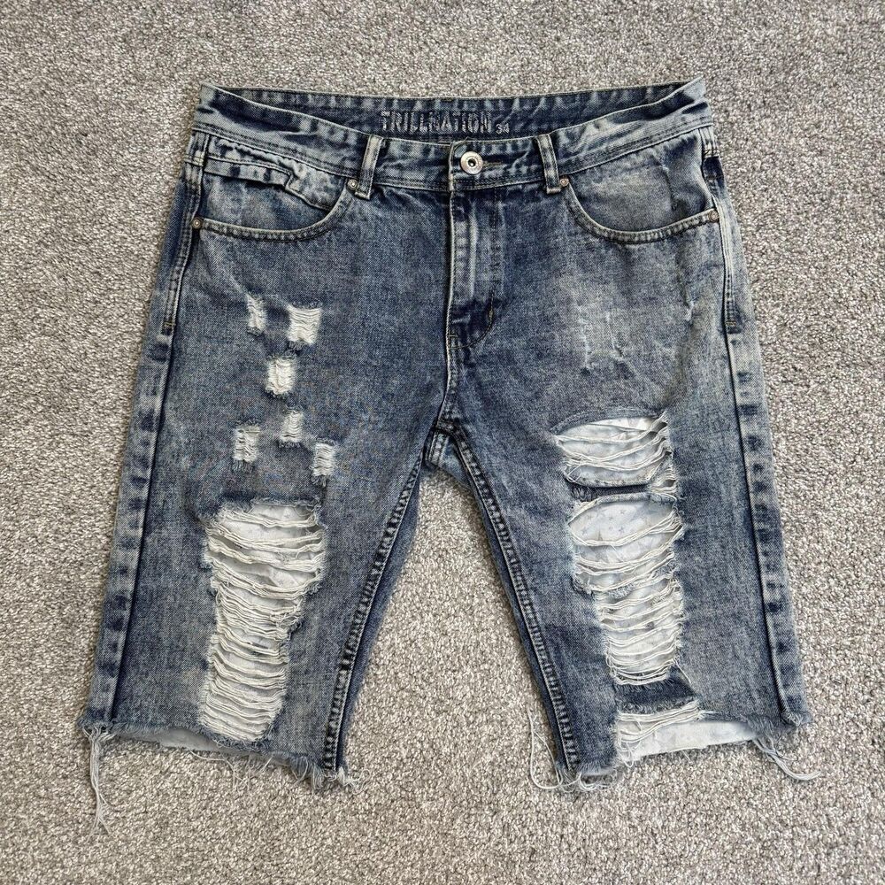 TRILLNATION Shorts Mens 34 Distressed Denim Bermuda Raw Hem Edgy Grunge Punk